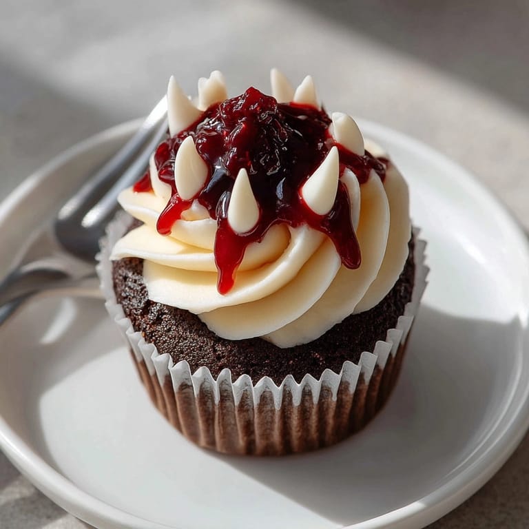 Homemade Bloody Vampire Bite Cupcakes, showing fluffy chocolate crumb and crimson raspberry filling.