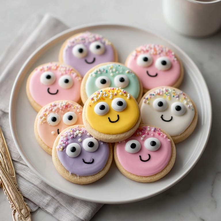 Freshly baked Googly Eyeball Sugar Cookies with wobbly eyes, displayed on a parchment-lined sheet.