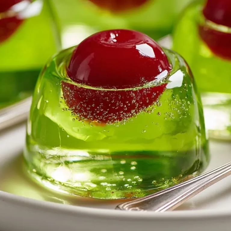 Festive Zombie Brain Gelatin Shots: tart lime flavor with a sweet, bloody cherry core.