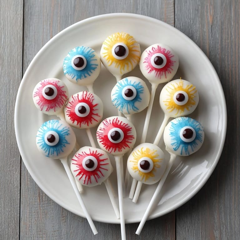 Homemade devil's food cake pop eyeballs, chilling on parchment, ready for white chocolate dip.
