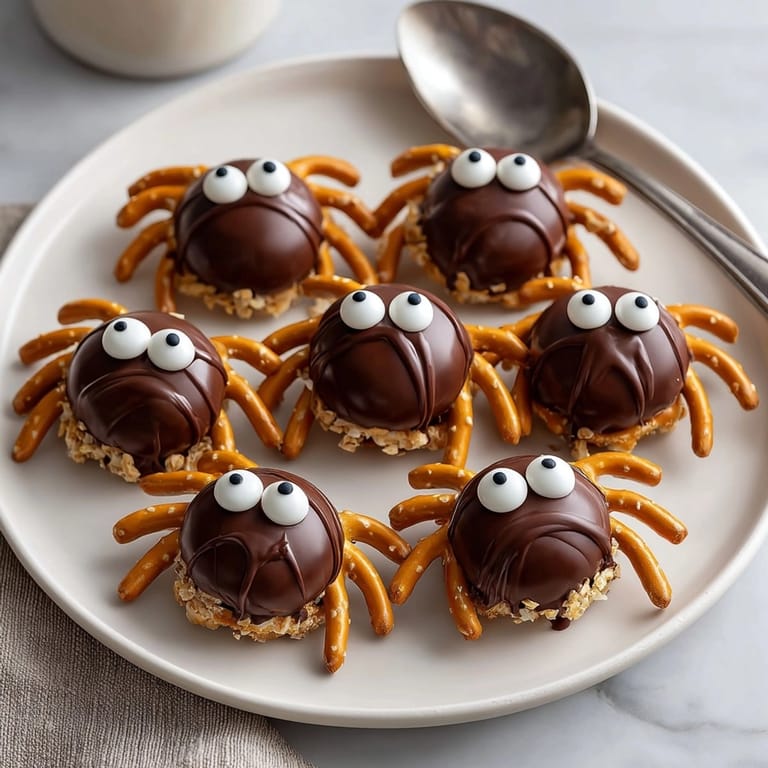 Cute no-bake chocolate pretzel spiders with salty, crunchy legs, great party snacks.