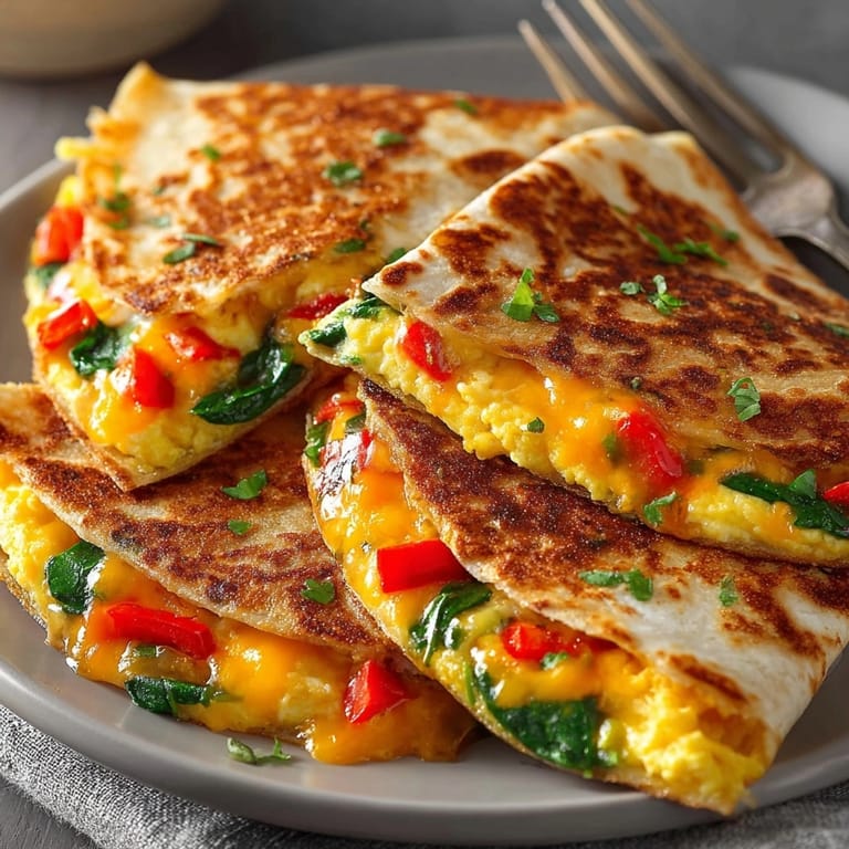 Elevated view of a sliced 5-minute breakfast quesadilla, steam rising, ready to eat now.