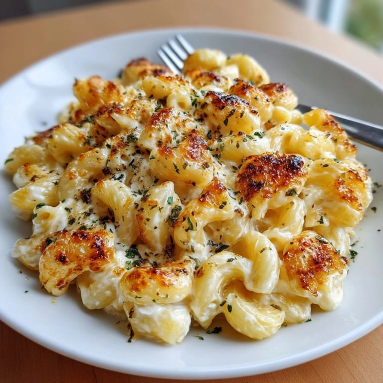 Close-up of bubbling 2-Ingredient Baked Feta Mac &amp; Cheese just out of the oven.