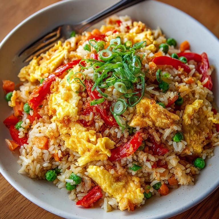 Quick and easy One-Pan Egg Fried Rice dinner: Day-old rice, fluffy eggs, vibrant vegetables.