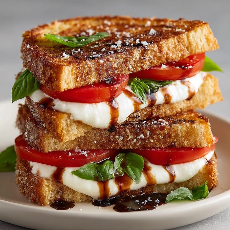 Italian-inspired Caprese Grilled Cheese: melty mozzarella, tomatoes, basil between sourdough slices.