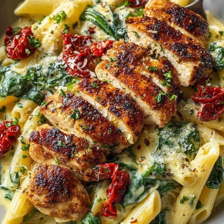 A bowl of Creamy Tuscan Chicken Pasta, garnished with fresh basil, ready to eat.