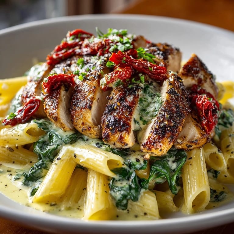 Savory Creamy Tuscan Chicken Pasta with spinach and sun-dried tomatoes, plated for dinner.