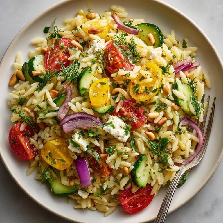 Homemade Lemon Herb Orzo Salad with juicy tomatoes, herbs, and a tangy lemon vinaigrette.
