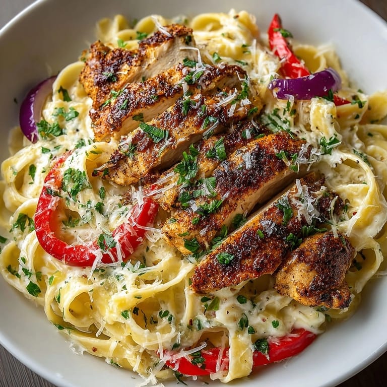 Golden-brown skillet Cajun Chicken Pasta Alfredo, ready to serve with a glass of wine.