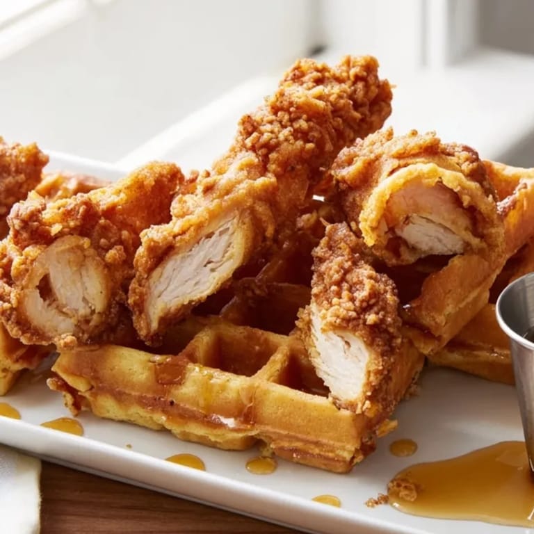Close-up of perfectly cooked Crispy Chicken Waffle Sticks, served hot for brunch.