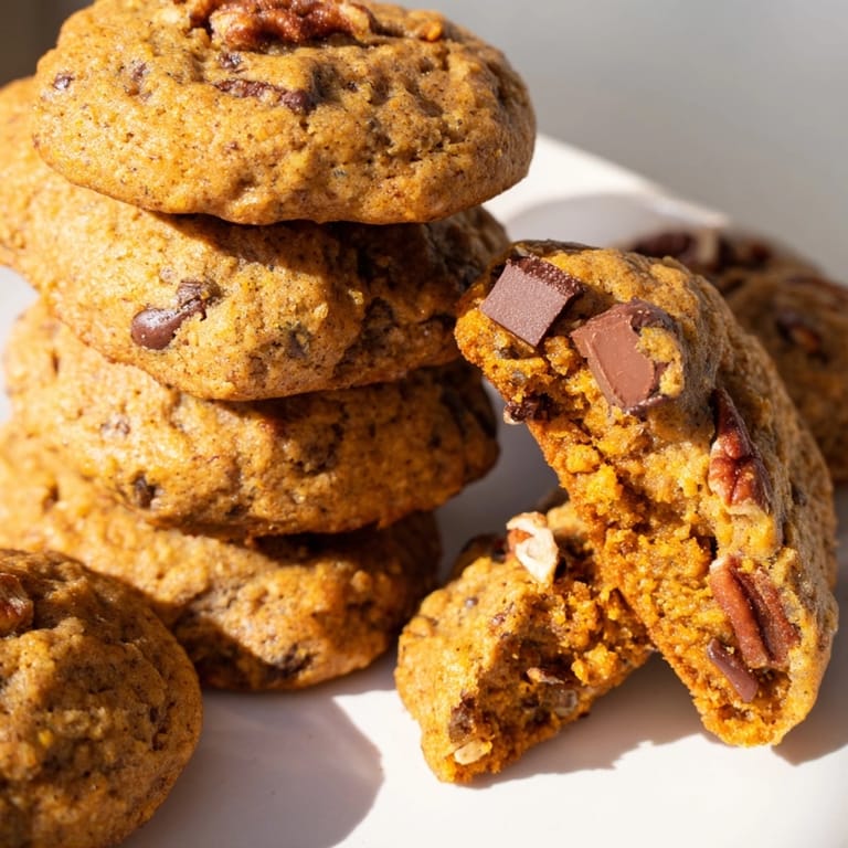 A close-up of soft, homemade Brown Butter Pumpkin Cookies, speckled with chocolate chips and spices.