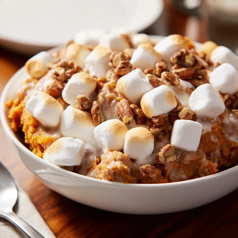 Creamy Marshmallow Pecan Yams, topped with toasted marshmallows and crunchy pecans in a baking dish.