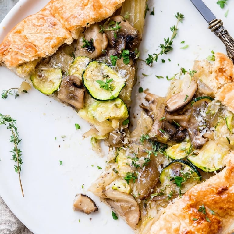 Rustic Garlic Parmesan Dinner Galette—A savory, vegetable-filled tart, ready for slicing.