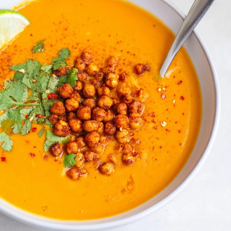 Fragrant, golden Thai pumpkin soup recipe, garnished with toasted chickpeas and fresh cilantro.