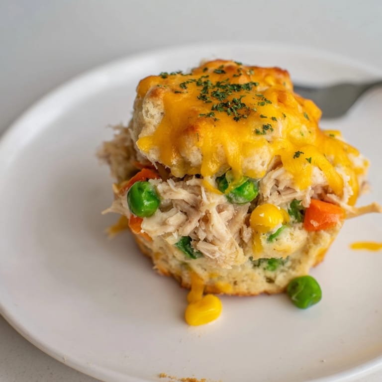 Comforting Cheesy Garlic Chicken Pot Pie Muffins, a creamy, flavorful bite for dinner.