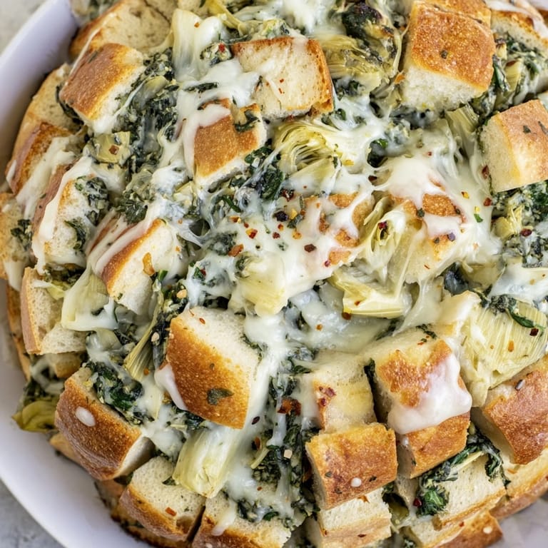 Warm, gooey Alfredo Spinach Artichoke Bread, a comforting appetizer with fresh parsley garnish.
