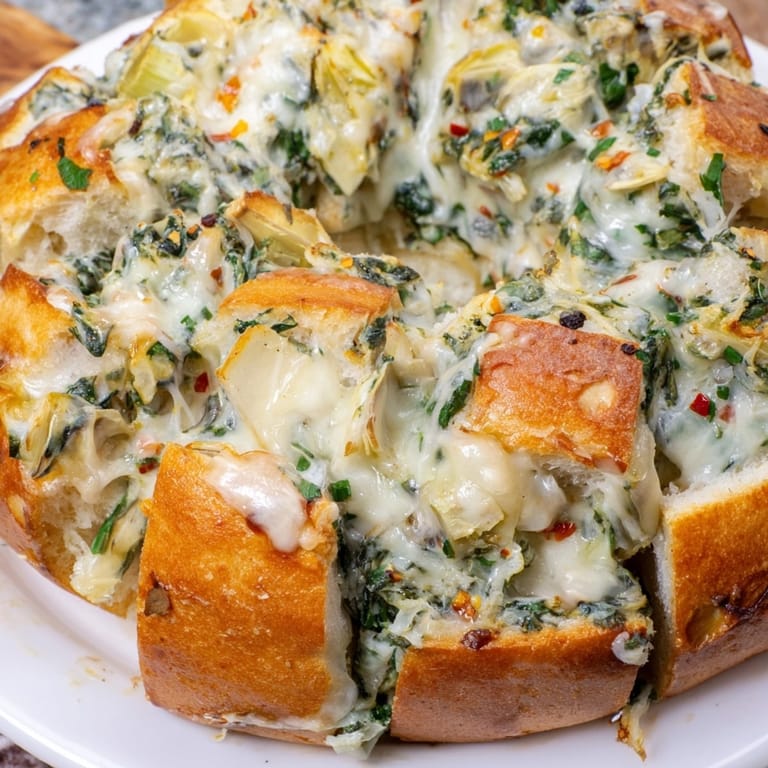 Slices pulled from a bubbly Alfredo Spinach Artichoke Bread, perfect for sharing warm.
