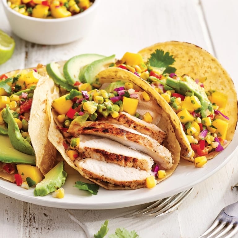 Close-up of Mango Corn Salsa Chicken Tacos showcasing juicy chicken and colorful fruit salsa.
