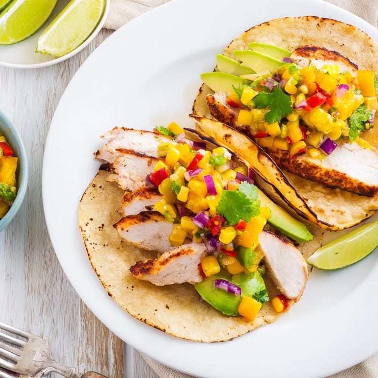 Serving suggestion: warm Mango Corn Salsa Chicken Tacos with avocado slices and lime wedges.