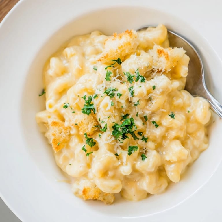 Close-up of creamy Mac and Cheese Sourdough Skillet, a crispy, rustic comfort food.