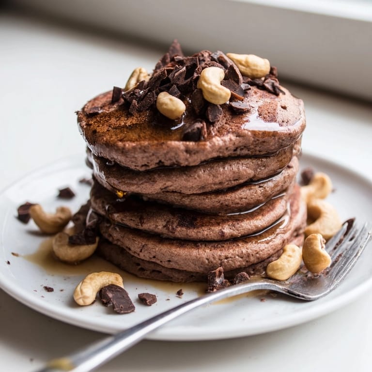 Close-up of Protein Chocolate Cashew Pancakes: dark chocolate oozing out, topped with chopped cashews.