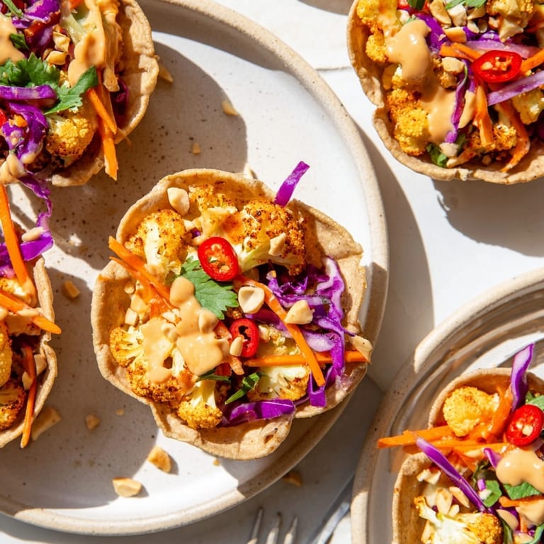 Baked Thai Peanut Cauliflower Taco Cups: golden tortillas filled with colorful, flavorful ingredients and garnishes.