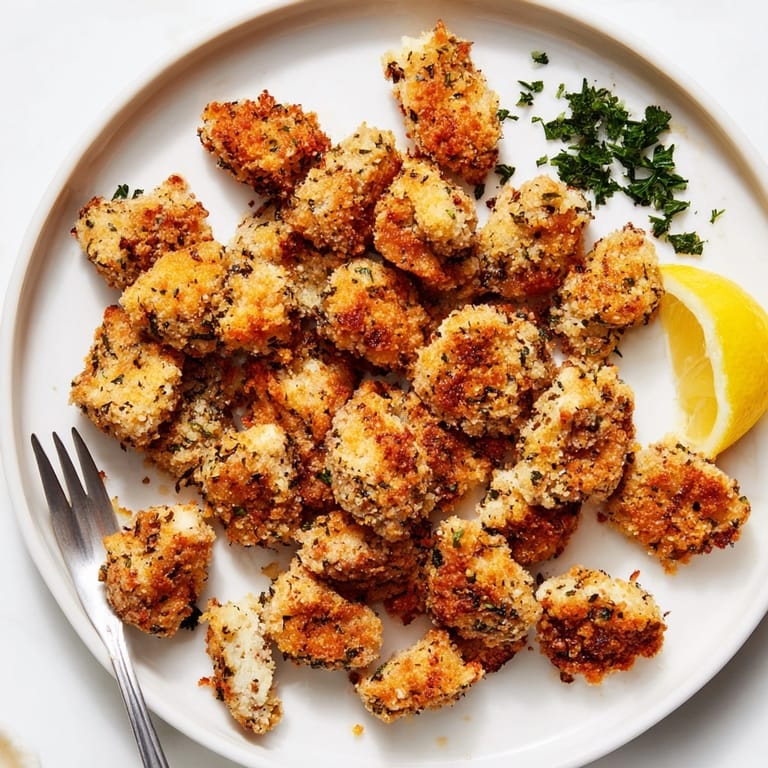 Homemade Garlic Herb Popcorn Chicken served with lemon wedges–a delicious, easy appetizer.