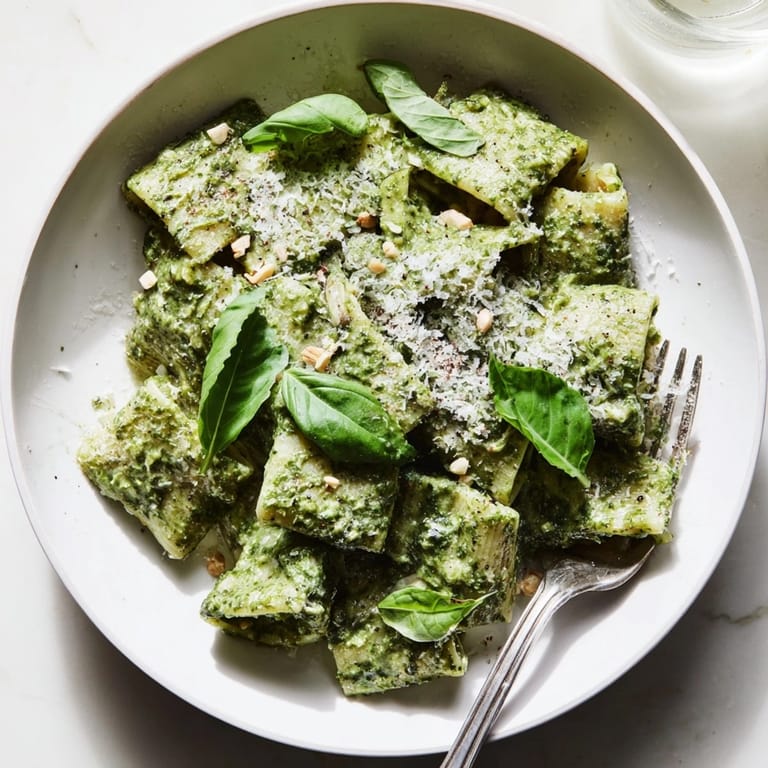 A plated serving of Ricotta Spinach Pesto Pasta; taste the rich, cheesy pesto delight!