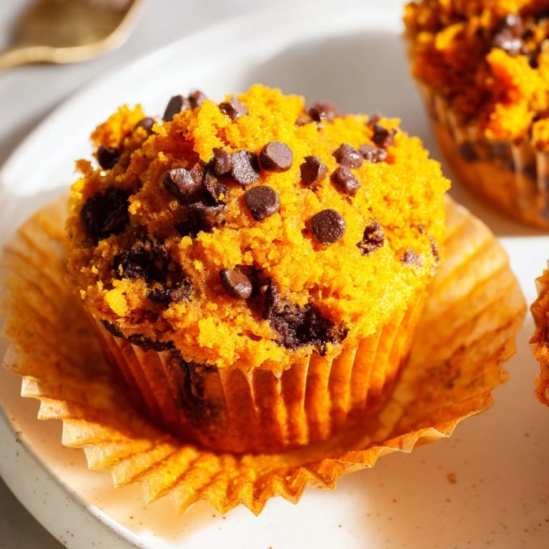 Warm, spiced Pumpkin Chocolate Chip Muffins with Sourdough Starter, ready for a fall breakfast.