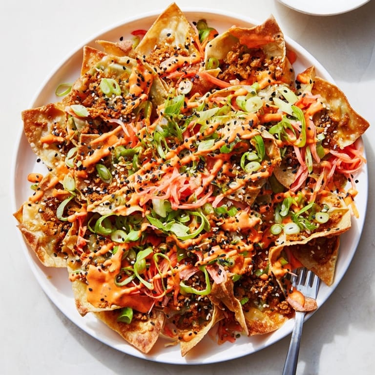 Golden fried wontons loaded with flavorful gyoza and drizzled sriracha mayo: Gyoza Nachos.