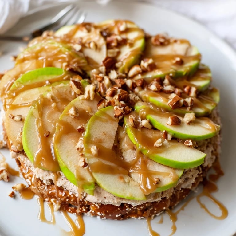 Homemade Caramel Apple Pizza with salty pretzel crust, glistening apples, and drizzled caramel.