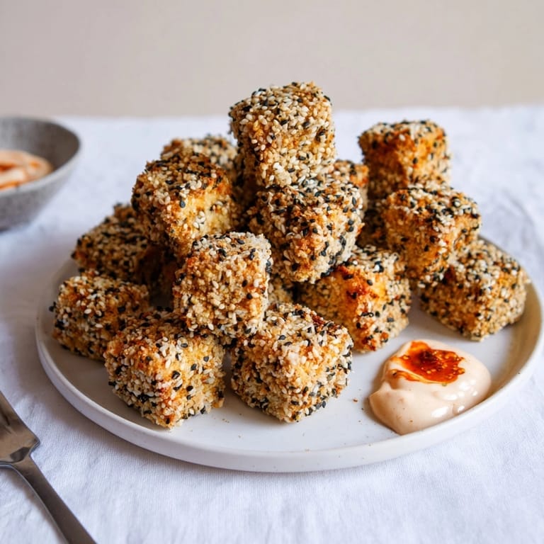 Imagine: Savory Crispy Sesame Tofu &quot;Turkey&quot; Bites with spicy sriracha dipping sauce.