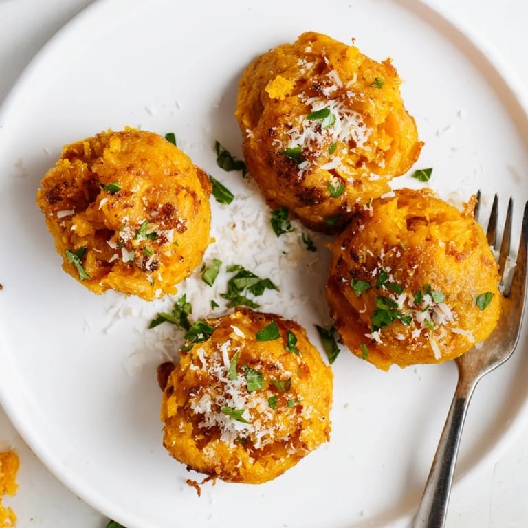 Golden-brown Garlic Parmesan Sweet Potato Puffs, fluffy inside and packed with flavor.  