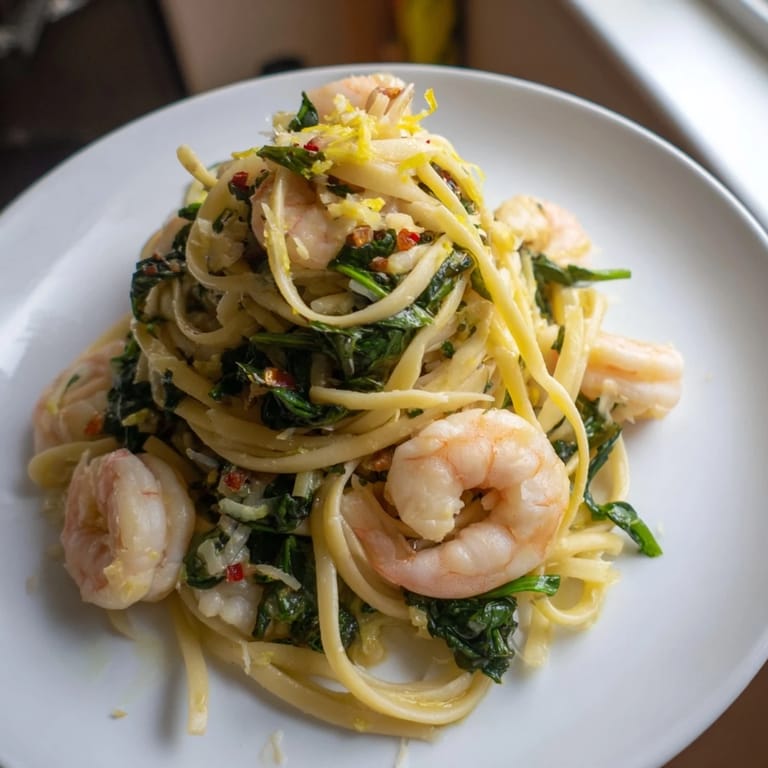 Delicious shrimp spinach herb pasta with vibrant greens and a drizzle of lemon zest.