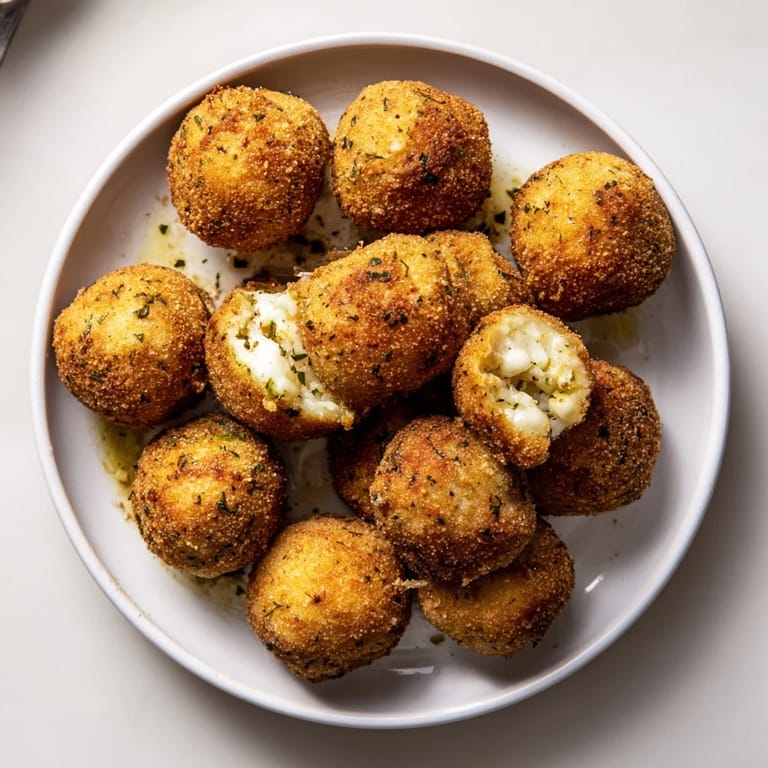 Golden brown Cheesy Garlic Potato Rice Balls with gooey mozzarella inside, ready to eat.