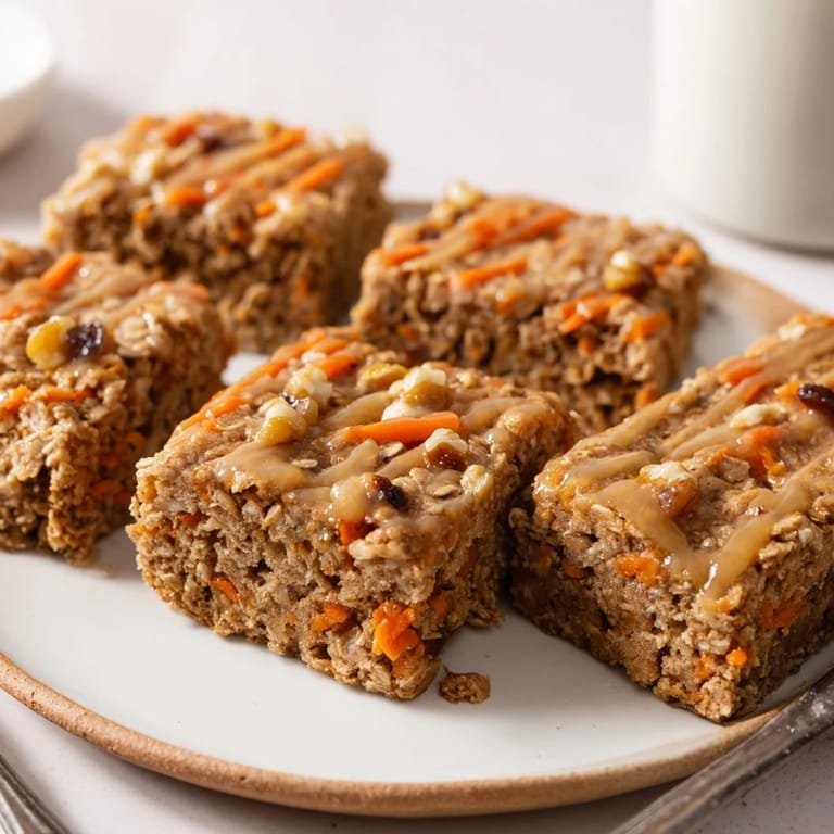 Healthy, flavorful Peanut Butter Carrot Cake Oat Bars packed with grated carrots and oats.