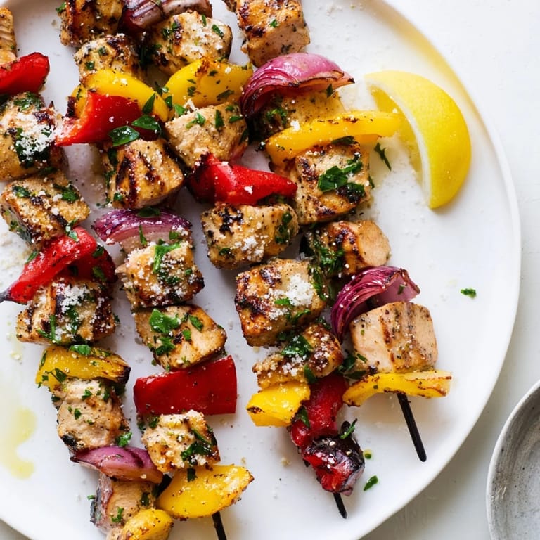 Savory Garlic Parmesan Chicken Kabobs ready for summer picnics, bursting with flavor.  