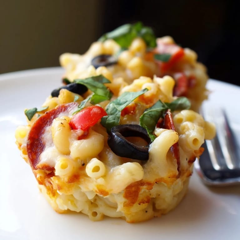 Delicious Mac and Cheese Alfredo Pizza Muffins bursting with cheesy goodness and pepperoni bits.  