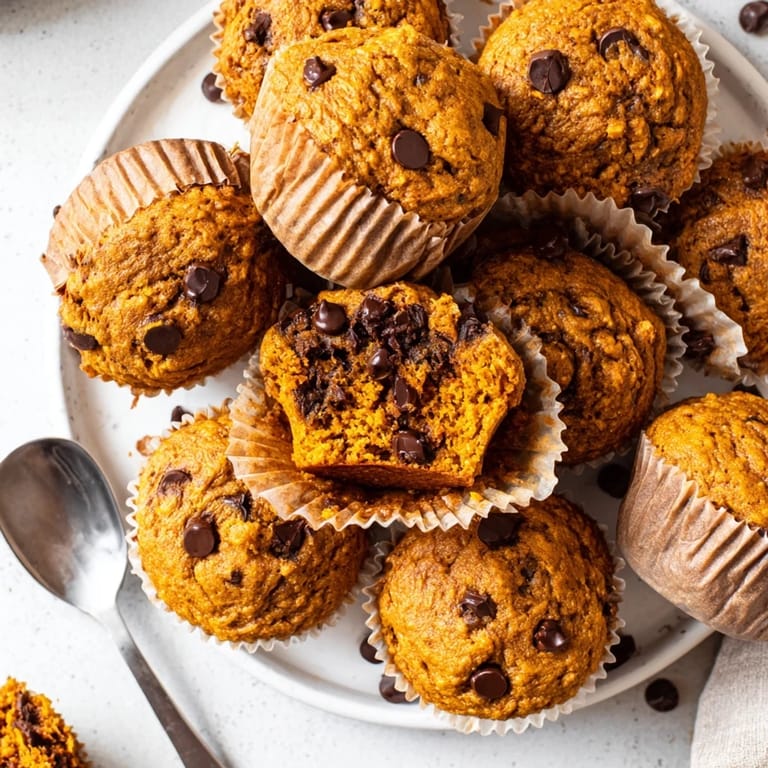 Warm, fluffy vegan pumpkin muffins bursting with chocolate chips, ideal for any snack.