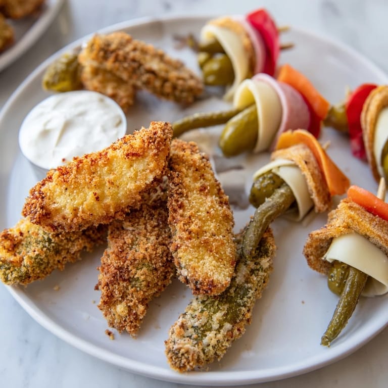 A deliciously crunchy Pickle Lovers Meal with vibrant pickled vegetables and ranch dip.