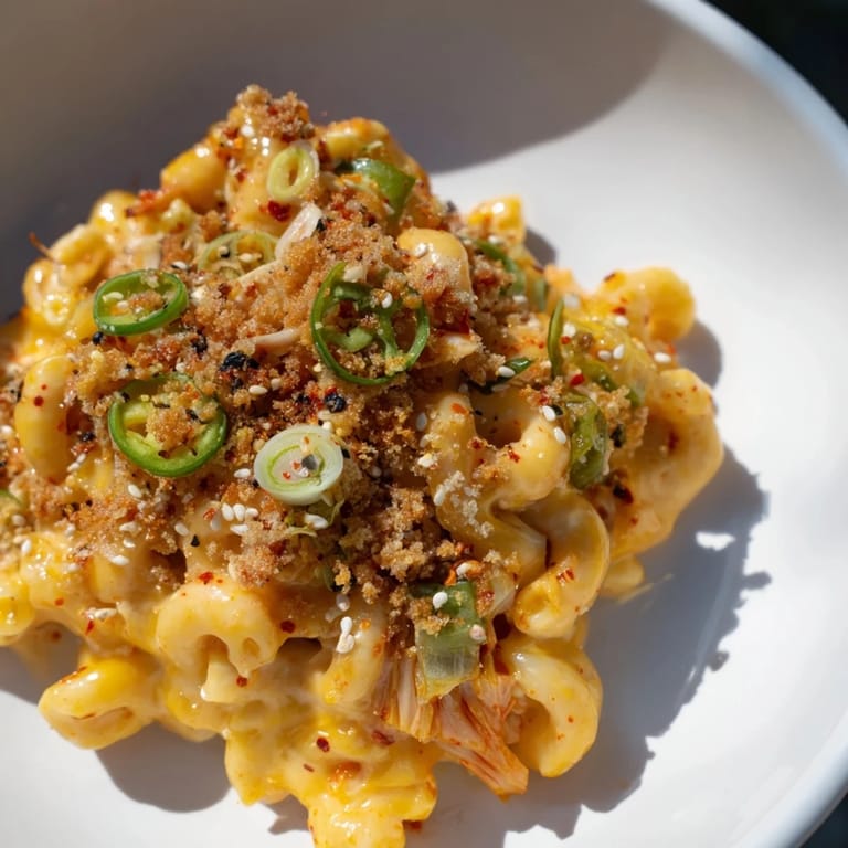 Deliciously spicy Kimchi Mac & Cheese, featuring melty cheeses and vibrant kimchi flavors.