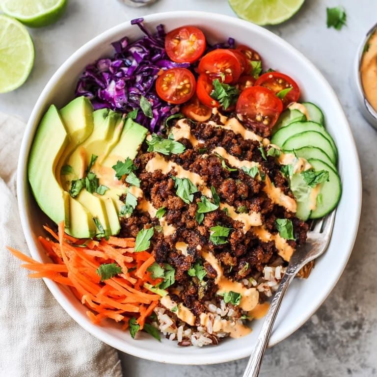 Delicious plant-based meat bowl featuring vibrant vegetables and a creamy drizzle.  