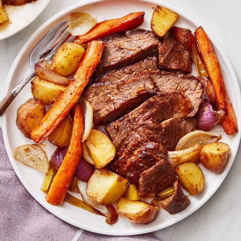 Classic Sunday pot roast served with rich gravy and a medley of roasted veggies.