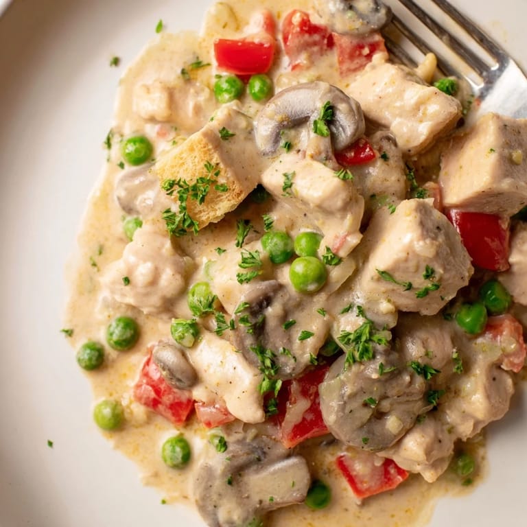 Delicious Chicken à la King dish featuring mushrooms and peas atop crispy toast.