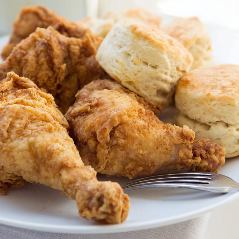 Golden brown fried chicken garnished with fresh herbs alongside warm buttermilk biscuits.  