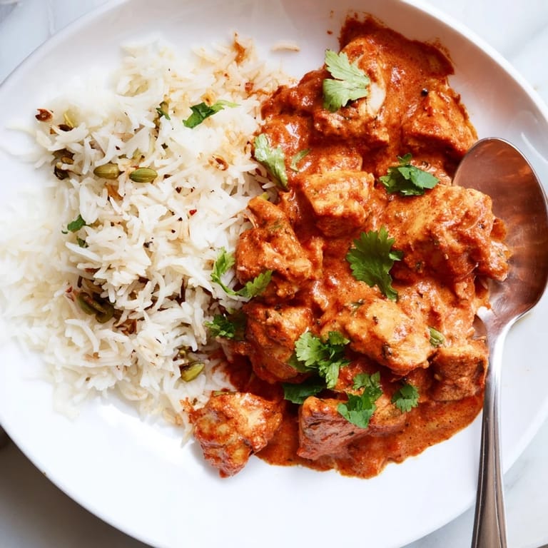 Satisfying butter chicken alongside aromatic rice pilaf, perfect for a cozy meal.