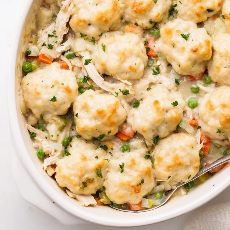 Hearty Chicken and Dumplings Casserole topped with fluffy dumplings, perfect for family dinners.  
