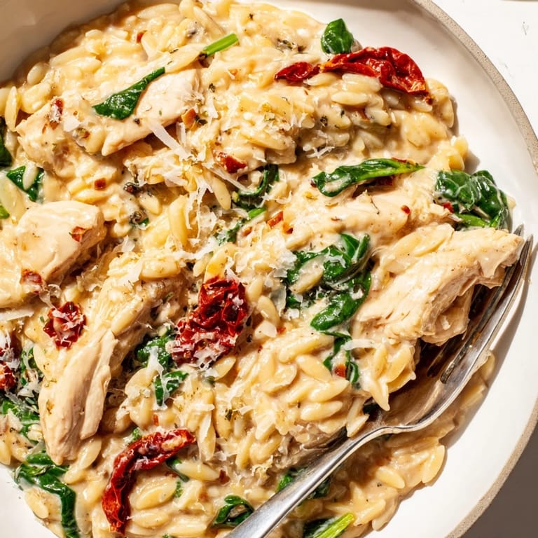 Deliciously creamy Tuscan Orzo Bowl, perfect for a cozy vegetarian dinner.  