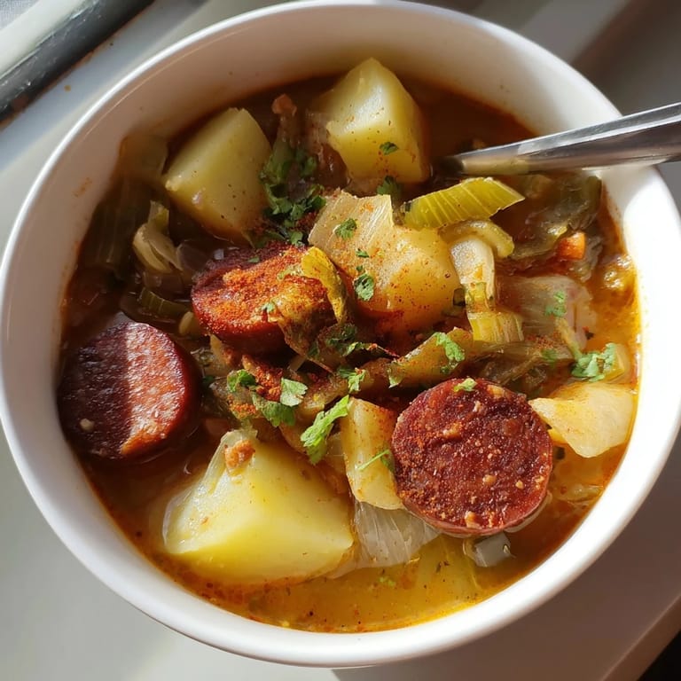 Comforting bowl of potato, leek, and chorizo soup garnished with fresh parsley.  