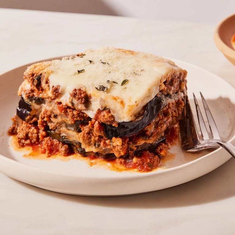 Golden-baked Moussaka with Beef & Eggplant, rich flavors, and inviting aroma.